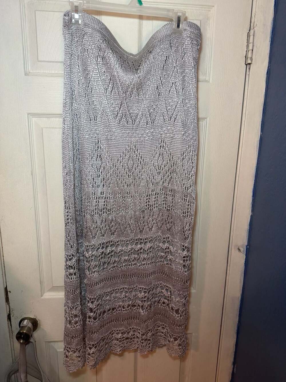 Chico's Metallic Silver Crochet Knit Maxi Skirt